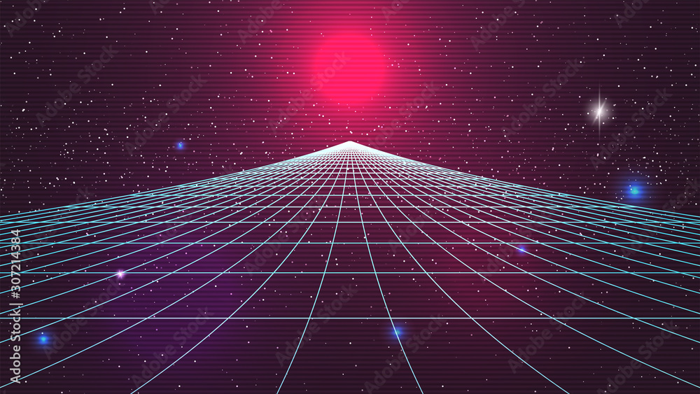 Synthwave sunset backround. Retro future 80s backdrop. Perspective grid, sun, dark starry sky. Futuristic sci-fi virtual scene. 3d computer abstract style. Flyer template. Stock vector illustration