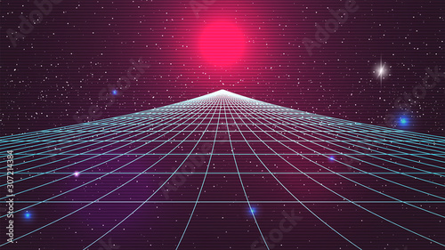 Synthwave sunset backround. Retro future 80s backdrop. Perspective grid, sun, dark starry sky. Futuristic sci-fi virtual scene. 3d computer abstract style. Flyer template. Stock vector illustration photo