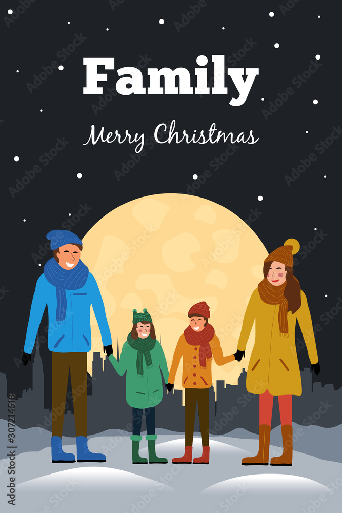 Christmas postcard with happy family outdoors in winter on background of night cityscape and moon. Dad, mom, son and daughter holding hands. Vector concept with people for flyer, poster or banner. Christmas postcard with happy family outdoors in winter on background of night cityscape and moon. Dad, mom, son and daughter holding hands. Vector concept with people for flyer, poster or banner.