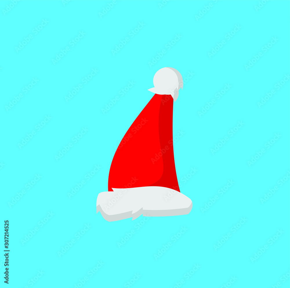 Red santa hat vector isolated on the blue background. simple concept art.Christmas decoration flat style illustration.funny cap silhouette. Merry Christmas clothes cute simple cartoon design. New year Red santa hat vector isolated on the blue background. simple concept art.Christmas decoration flat style illustration.funny cap silhouette. Merry Christmas clothes cute simple cartoon design. New year
