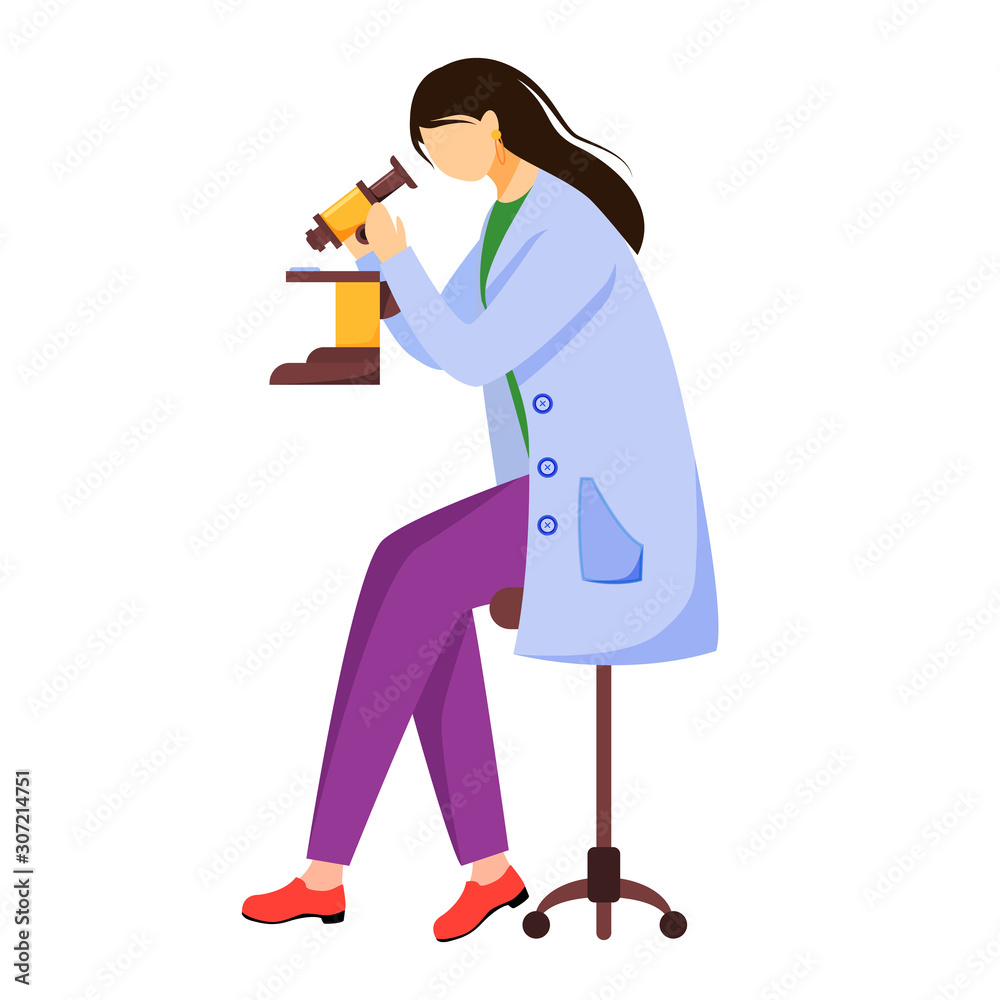Scientist in lab coat with protection glasses flat vector illustration. Studying medicine, chemistry. Laboratory experiment. Woman with microscope isolated cartoon character on white background