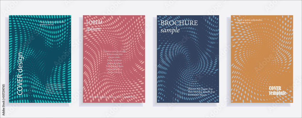 Fototapeta Minimalistic cover design templates. Set of layouts for covers, books, albums, notebooks, reports, magazines. Line dot halftone gradient effect, flat modern abstract design. Geometric mock-up texture