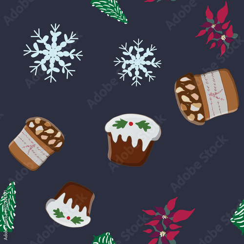 Seamless pattern with Christmas pudding, panettone, poinsettia and snowflakes.