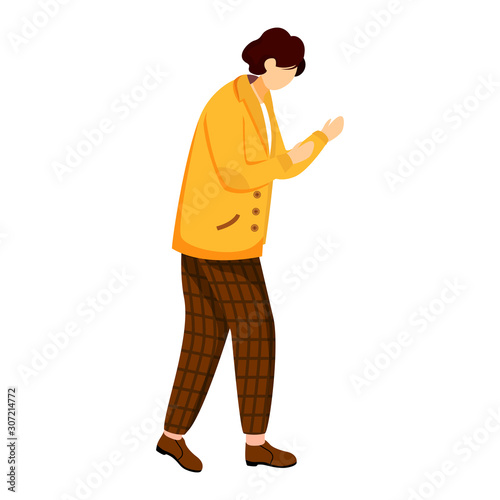 Young man in yellow jacket flat vector illustration. Standing in defensive position. Casually dressed person. University student. Boy fighting isolated cartoon character on white background