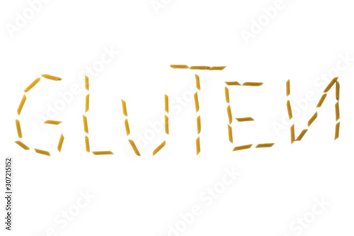 gluten word made with pasta penne isolated on white background