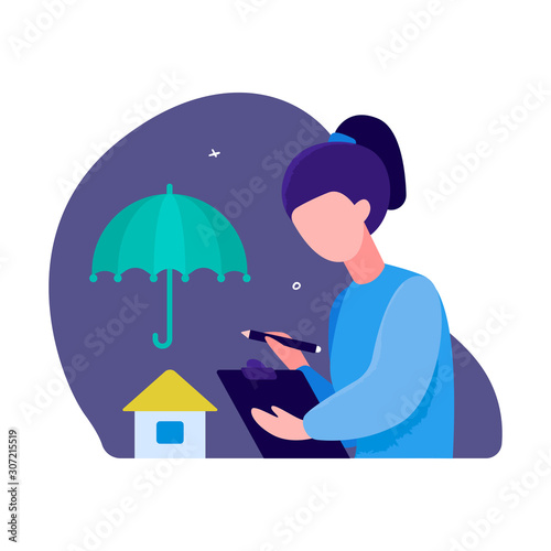 Insurance Company Employee Profession Concept. Female insurer fills out a questionnaire. A house under umbrella protection