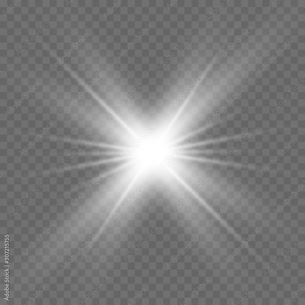 White beautiful light explodes with a transparent explosion. Vector, bright illustration for perfect effect with sparkles. Bright Star. Transparent shine of the gloss gradient, bright flash.