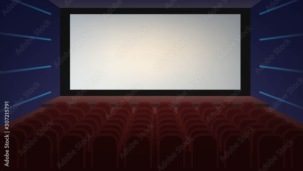 Fototapeta premium Empty dark cinema hall with large white screen
