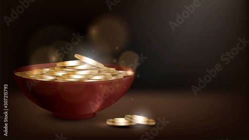 Bowl with gold coins on a dark background, treasure, money