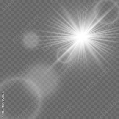 White beautiful light explodes with a transparent explosion. Vector, bright illustration for perfect effect with sparkles. Bright Star. Transparent shine of the gloss gradient, bright flash.