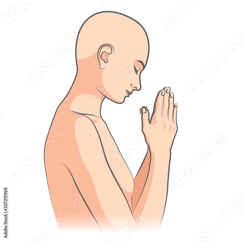 Praying nude woman, Indian greeting namaste, meditating person on a white background