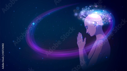 Prayer of a person with a galaxy in the head against the background of the starry sky. Concept: Zen and Meditation. Nude woman