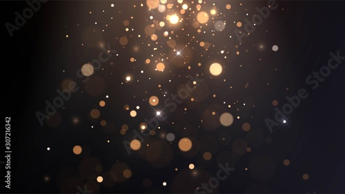 Vector background with golden bokeh, falling golden sparks, dust glitter, blur effect