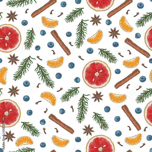 Christmas Seamless Pattern with Fruits