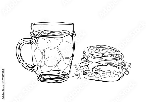 Hamburger and glass of beer-sketch