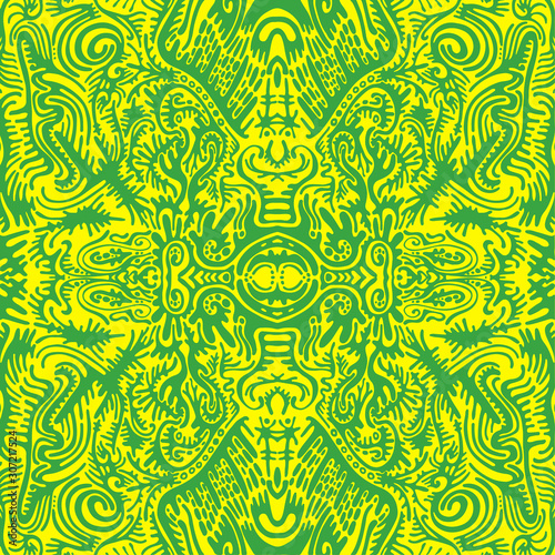 Bright sunny psychedelic trippy abstract mandala with original patterns, juicy contour green on a yellow background.