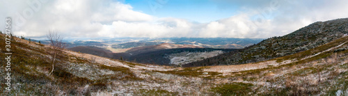 beautiful panorama of winter mountains in sunny weather