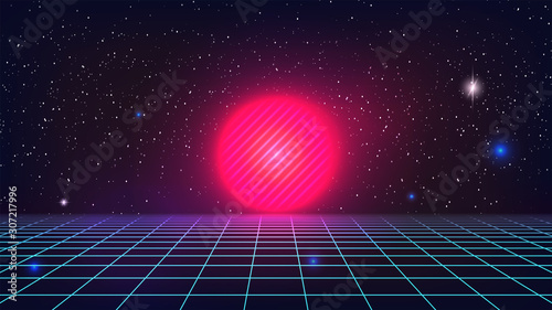 Synthwave sunset backround. Retro futuristic pink sun on perspective grid. Sci-fi 80s wireframe scene on dark starry sky. Synthwave party flyer, poster banner cover template. Stock vector illustration