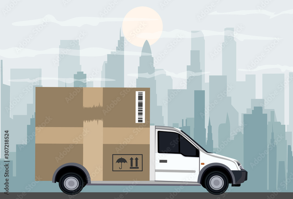 Delivery truck transporting a big cardboard package. Flat style Delivery truck transporting a big cardboard package. Flat style