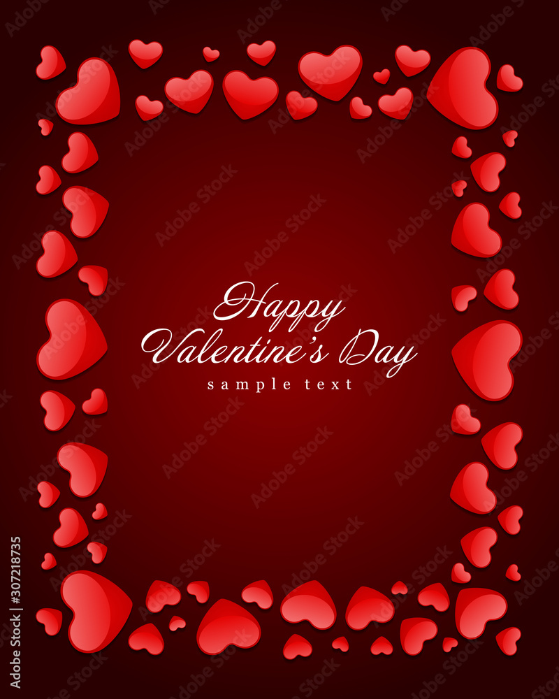 Red shiny hearts valentines day greeting card frame background vector illustration