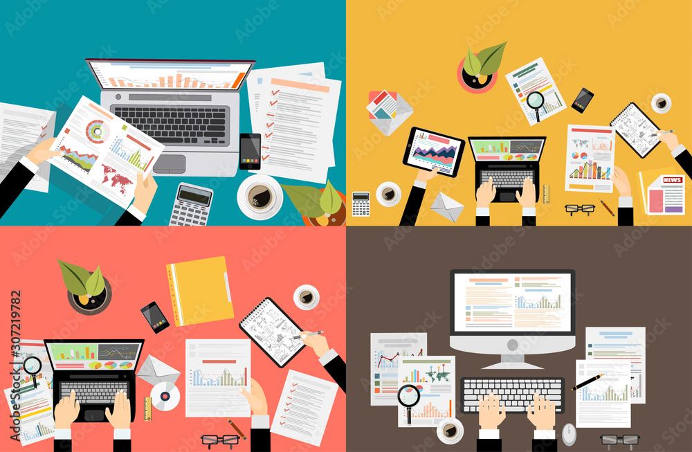 Naklejka premium Set of flat design illustration concepts for business, finance, team work, consulting, management, anaysis, career, employment agency, staff training,money, technology,startup,creative.