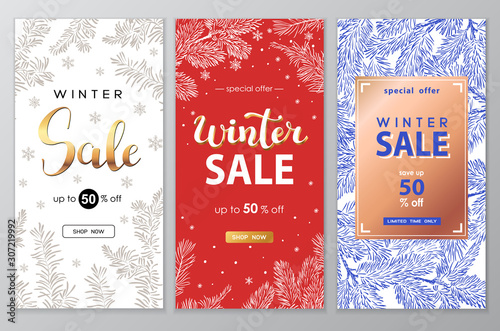 Winter sale vector poster set with discount text and snow elements for shopping promotion.