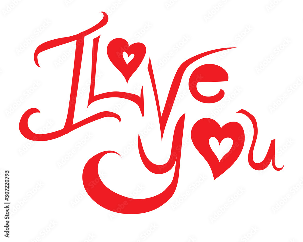 A Lettering with the red word i love you isolated on white background and heart, a vector stock illustration with letters for valentines day, wedding, anniversary
