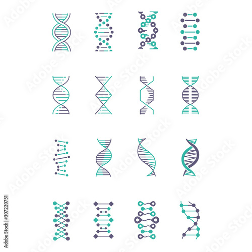 DNA helix violet and turquoise color icons set. Deoxyribonucleic, nucleic acid structure. Spiraling strand. Chromosome. Molecular biology. Genetic code. Genome. Genetics. Isolated vector illustrations