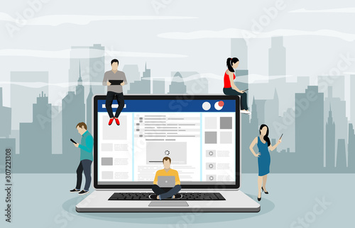 Social network web site surfing concept illustration of young people using mobile gadgets such as smartphone, tablet pc part of online community. Flat style. Vector illustration.