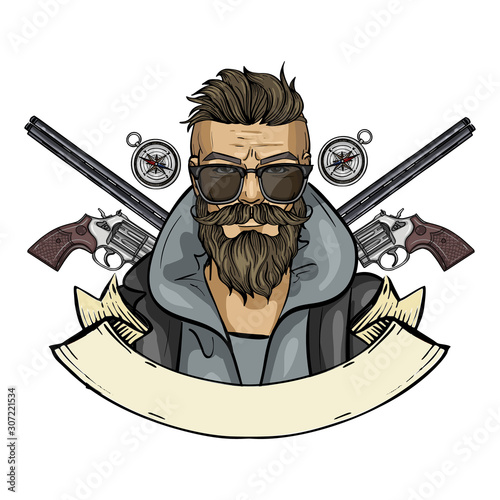 Hand drawn color sketch hunter man