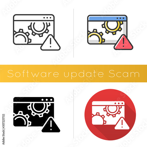 Software update scam icon. Fake system, program upgrade. Malware. Deceptive pop-up ad. Financial fraud. Fraudulent scheme. Flat design, linear and color styles. Isolated vector illustrations