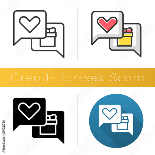 Credit-for-sex scam icon. Sexual favours. Dating, hookup fraud. Internet, web love scam. Cyber extortion. Fraudulent scheme. Flat design, linear and color styles. Isolated vector illustrations