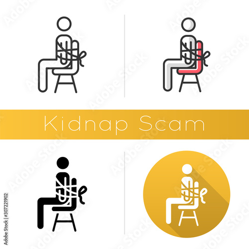 Kidnap scam icon. Virtual kidnapping. Ransom money request. Blackmailing. Telephone extortion. Family emergency scam. Flat design, linear and color styles. Isolated vector illustrations