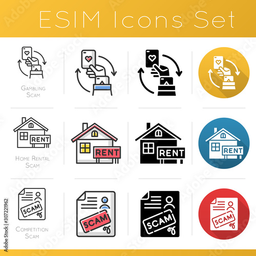 Scam types icons set. Gambling, home rental fraudulent scheme. Competition fraud. Cybercrime. Financial scamming. Flat design, linear, black and color styles. Isolated vector illustrations