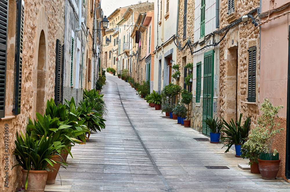 Typical Mallorcan village street with pots and plants on the sides