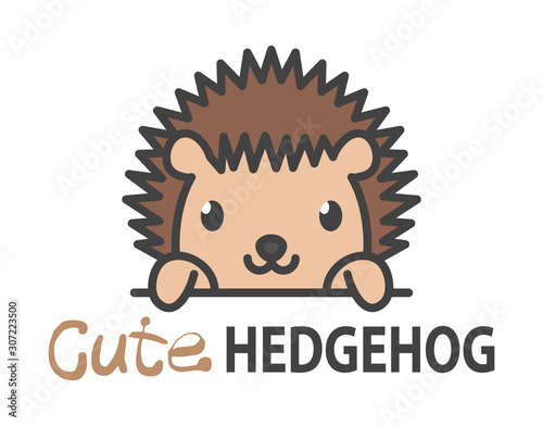 Logo template with cute curious small hedgehog. Vector logo design template for zoo, veterinary clinics, etc. Cartoon animal logo illustration.