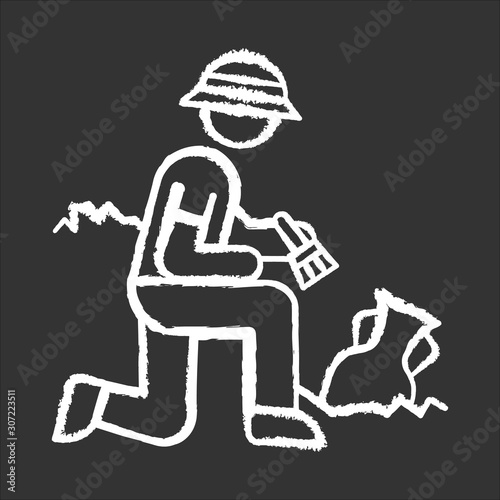 Excavation chalk icon. Archeologist. Researcher. Ancient culture research. Artifact in ground. Greek amphora. Man search old treasures. Historian discover vase. Isolated vector chalkboard illustration