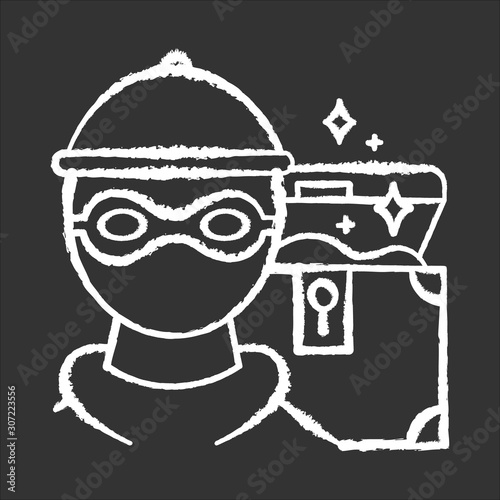 Marauding chalk icon. Treasure hunter. Artifact robbery. Criminal in mask. Chest with gold. Muggery, burglary. Theft of ancient artifact. Moroder steal fortune. Isolated vector chalkboard illustration photo