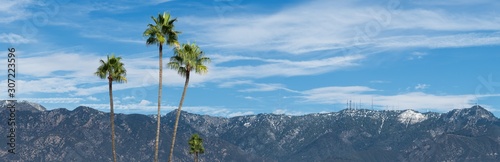 Panoramic image showing the snow-dusted San Gabriel Mountains taken from Pasadena in Los Angeles County. 