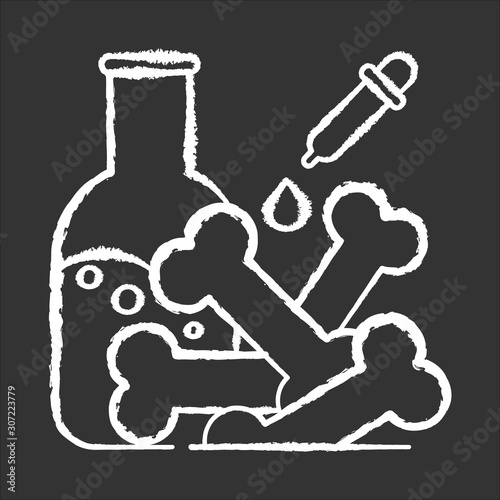 Laboratory analysis chalk icon. Archeological discoveries. Ancient bones. Lab examination. Chemistry study of fossil. Paleontology. Scientific tools. Isolated vector chalkboard illustration