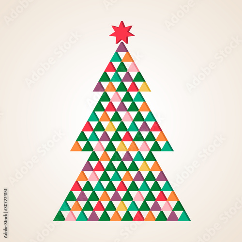 Modern geometric christmas tree of triangles with a star in a mosaic polygonal style.