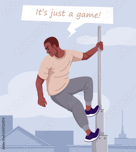 Adrenaline dependence flat vector illustration. Extreme lifestyle fan with behavioral disorder. Risky tricks addiction. Young daredevil climbing high tower without safety equipment cartoon character