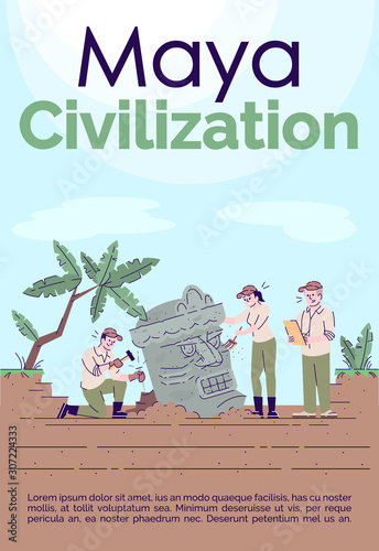 Maya civilization brochure template. Flyer, booklet, leaflet concept with flat illustrations. Vector page cartoon layout for magazine. Archeological excavations advertising invitation with text space