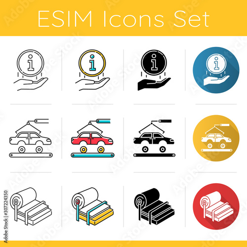 Industry types icons set. Information sign. Automotive production. Car repair, vehicle facility. Pupl and paper production. Flat design, linear, black and color styles. Isolated vector illustrations