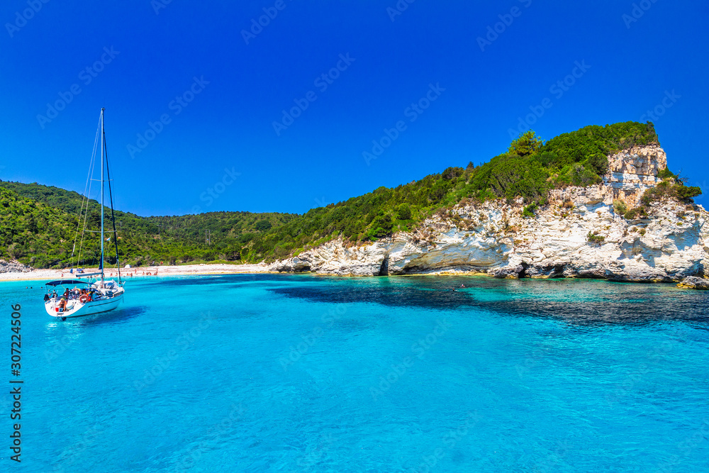 Turquoise coast of Antipaxos island near Corfu with Voutoumi beach, Greece, Europe.