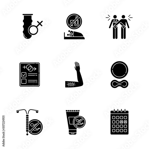 Safe sex glyph icons set. Condom. Sober intercourse. Mutual masturbation. Test. Contraceptive implant, ring. Intrauterine device. Spermicide. Calendar. Silhouette symbols. Vector isolated illustration
