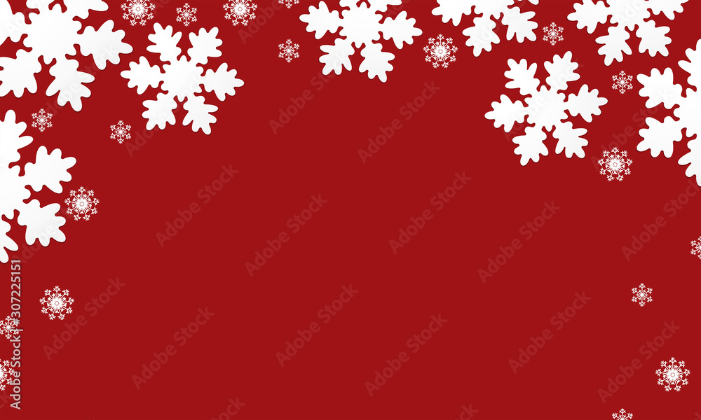 Snow Vector illustration in paper art Design concept with different big and small white snowflakes on red background Snow Vector illustration in paper art Design concept with different big and small white snowflakes on red background
