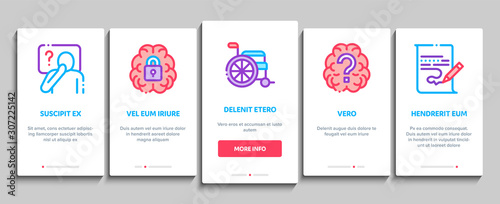 Alzheimers Disease Onboarding Mobile App Page Screen. Brain And Drugs, Wheelchair And Man Silhouette With Alzheimers Illness Concept Illustrations