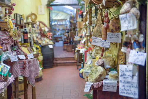 cheeses and cured meats typical of Italian cuisine. Food store in Umbria, Italy