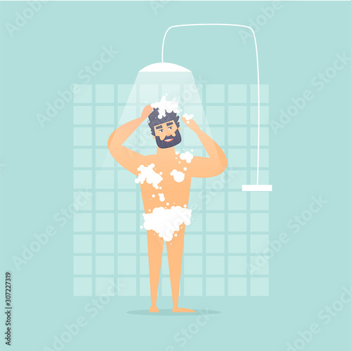 Man takes a shower, personal hygiene. Flat design vector illustration.